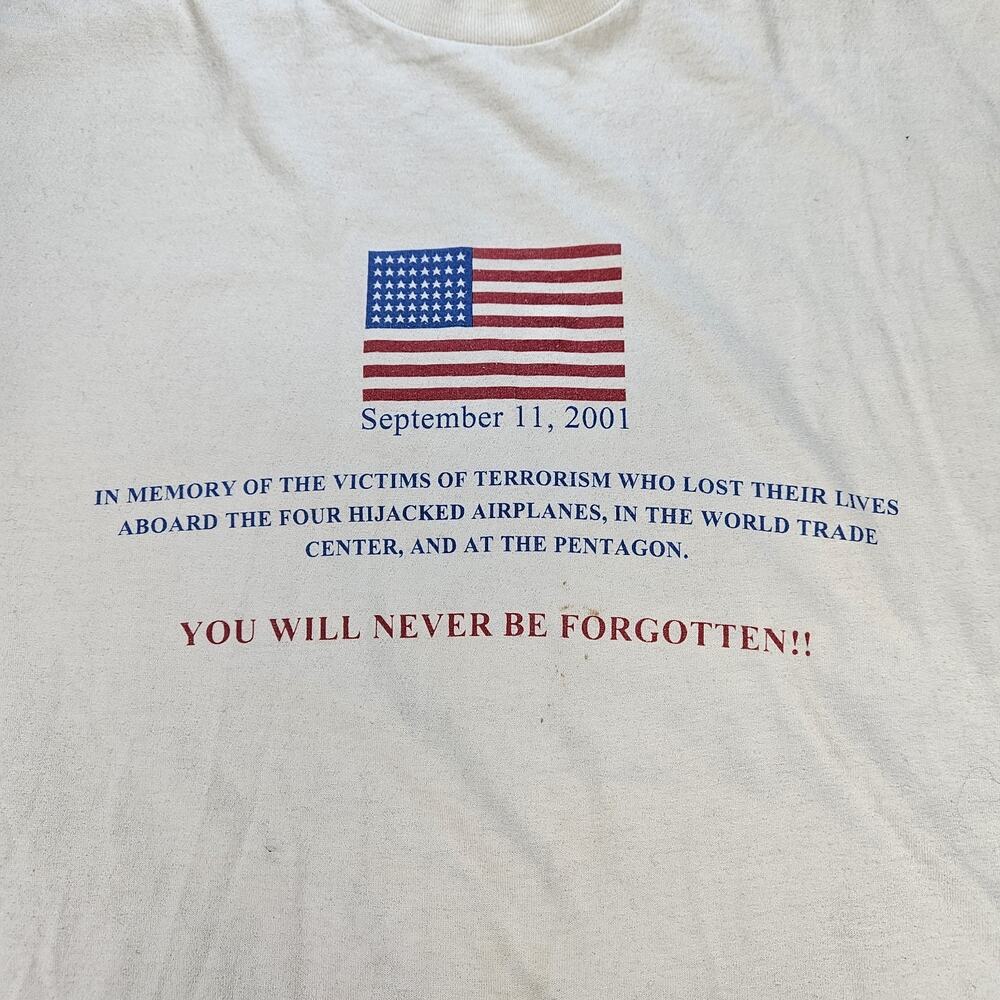 Vintage Mens XL 9/11 September 11th You Will Never Be Forgetting Shirt *Stain